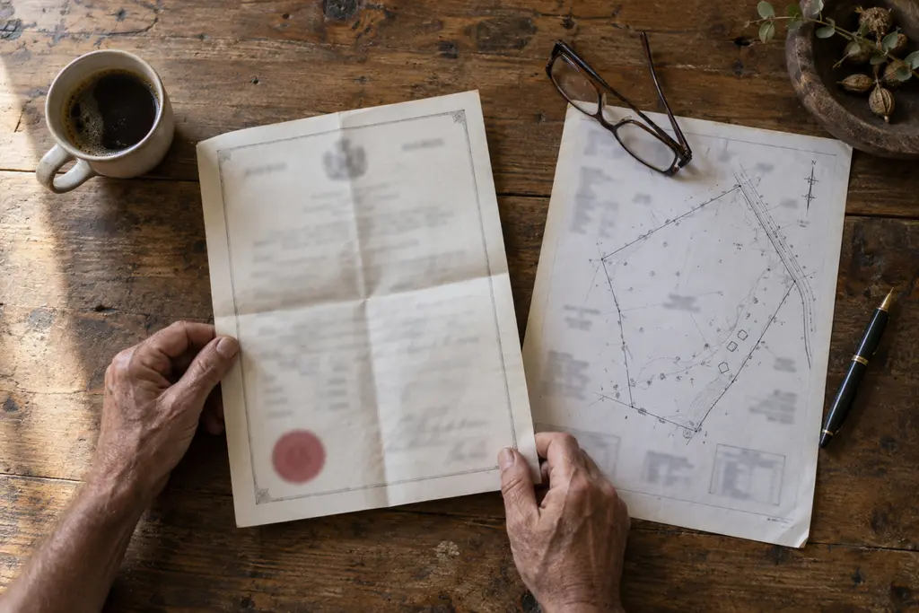 A title deed and a surveyor's farm diagram on a farmhouse table