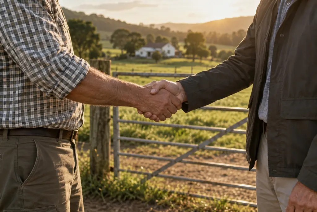 Two people shaking hands at a farm gate