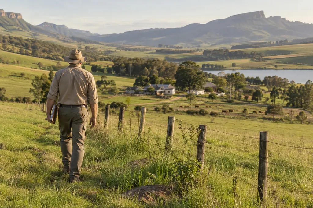 A valuer walking a farm fence line with a clipboard